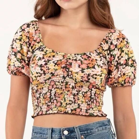 Billabong Get Along Puff Sleeve Crop Top Size SMALL Floral 100% Cotton - Picture 1 of 10